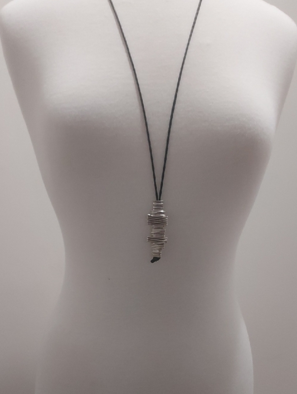 Handcrafted Silver Wire Pendant Necklace on Black Cord